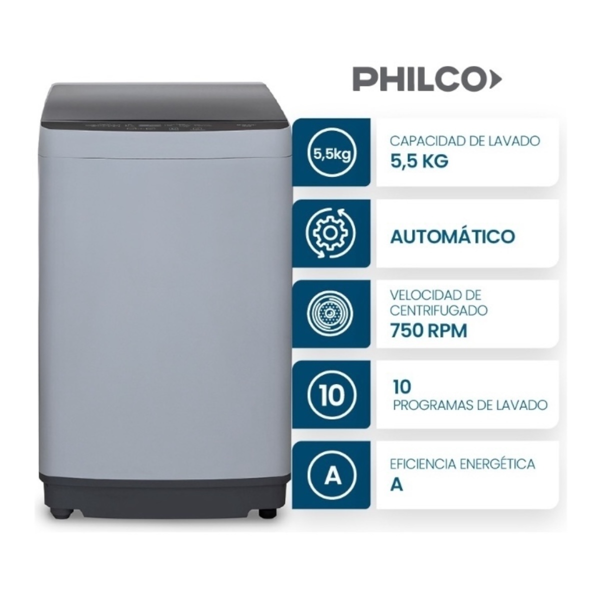 LAVARROPAS PHILCO 5,5KG GRIS PHCS07B